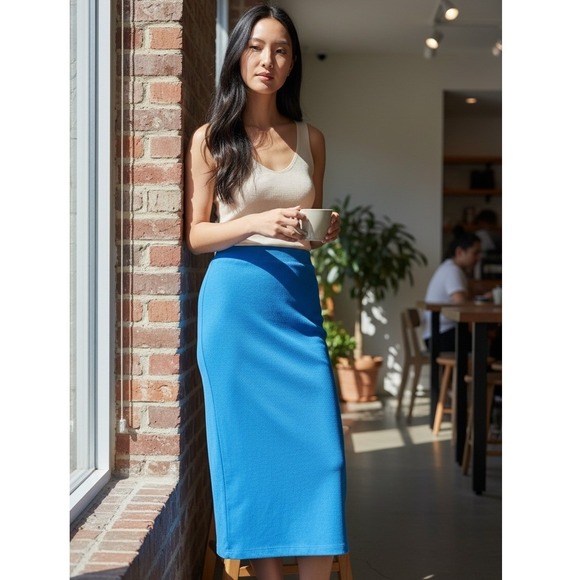 Forever 21 Dresses & Skirts - Forever 21 Ribbed Pencil Skirt Bright Blue Midi Slit Size S